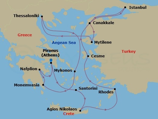 14 Night - Greece Intensive Combination Cruise : Santorini, Volos & Mykonos - Azamara Onward - Starting in Athens (Piraeus), Santorini, Agios Nikolaos, (Crete), Rhodes, Cesme, Canakkale (Kepez), Istanbul, Canakkale (Kepez), Mytilene, Lesbos, Thessaloniki, Mykonos, Monemvasia, Nafplio, Athens (Piraeus) itinerary map