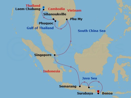 14 Night - Holiday Expedition : Jewels of Southeast Asia : Thailand, Malaysia, Vietnam, Cambodia, Singapore & Indonesia - Atlas Adventurer - Starting in Laem Chabang (Bangkok), Sihanoukville, Phu Quoc Island, Phu My (Ho Chi Minh City), Singapore, Semarang (Java), Surabaya, Benoa (Bali) itinerary map