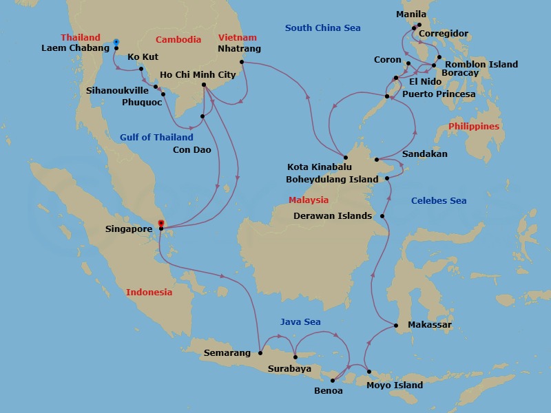 40 Night - Apex of the East Indies - Atlas Adventurer - Starting in Laem Chabang (Bangkok), Ko Kut (Koh Kood), Sihanoukville, Phu Quoc Island, Ho Chi Minh City (Saigon), Singapore, Semarang (Borobudur), Surabaya, Benoa (Bali), Moyo Island, Makassar (Sulawesi), Derawan Islands, Boheydulang Island, Sandakan (Borneo), Puerto Princesa (Palawan), El Nido (Palawan), Boracay, Corregidor Island, Manila, Romblon Island, Coron (Palawan), El Nido (Palawan), Puerto Princesa (Palawan), Kota Kinabalu (Borneo), Nha Trang, Ho Chi Minh City (Saigon), Con Dao, Singapore itinerary map