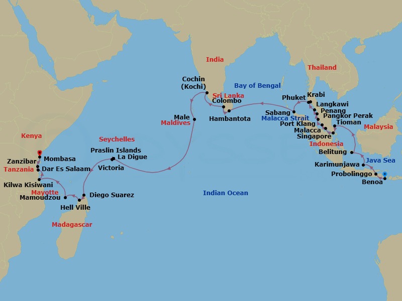 42 Night - East Africa & Asia Expedition - Atlas Adventurer - Starting in Benoa (Bali), Probolinggo (Java), Karimunjawa, Belitung, Scenic Cruising the Strait of Malacca, Tioman Island, Singapore, Malacca, Port Klang (Kuala Lumpur), Pangkor Island, George Town (Penang), Langkawi, Krabi, Phuket, Sabang (Pulau Weh), Hambantota, Colombo, Kochi, Male, Praslin, La Digue, Victoria SC (Mahe), Praslin, Diego-Suarez, Andoany (Hell-Ville), Mamoudzou, Kilwa Kisiwani, Dar Es Salaam, Zanzibar, Mombasa itinerary map