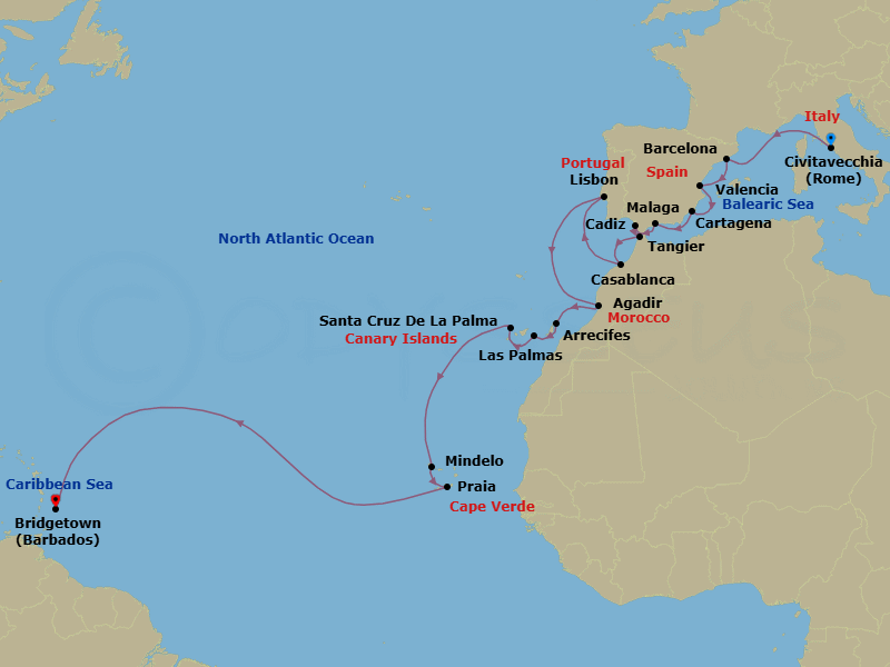 25 Night - Cruise from Rome (Civitavecchia) to Bridgetown - Silver Spirit - Starting in Civitavecchia, Barcelona, Valencia, Cartagena ES, Malaga, Cadiz, Tangier, Casablanca, Lisbon, Agadir, Arrecife, Las Palmas, Santa Cruz de La Palma, Mindelo, Praia, Bridgetown itinerary map