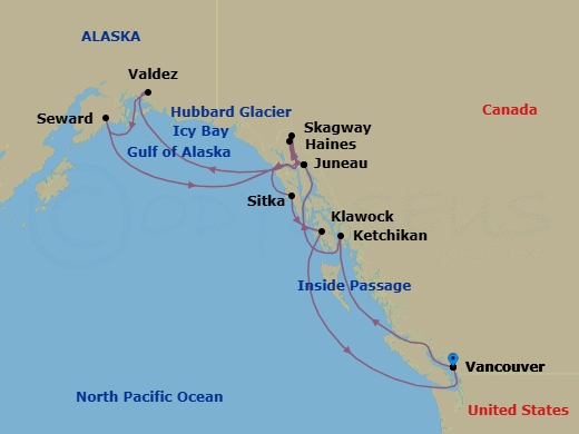 14 Night - Alaska Roundtrip from Vancouver - Silver Whisper - Starting in Vancouver, Inside Passage, Ketchikan, Tracy Arm, Juneau, Skagway, Icy Bay, Valdez, Seward (Anchorage), Hubbard Glacier, Juneau, Haines, Sitka, Klawock, Inside Passage, Vancouver itinerary map