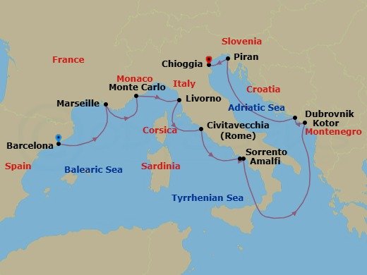 11 Night - Best of the Mediterranean Cruise : Monte Carlo, Amalfi & Venice - Azamara Journey - Starting in Barcelona, Provence (Marseille), Monte Carlo, Florence / Pisa (Livorno), Rome (Civitavecchia), Sorrento, Amalfi, Kotor, Dubrovnik, Croatia, Piran, Venice (Chioggia) itinerary map