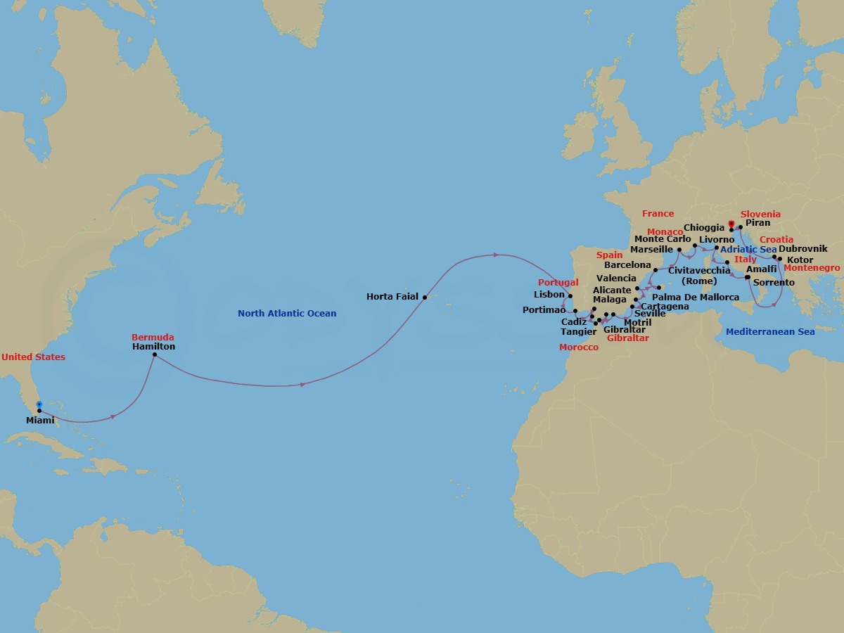 37 Night - Miami to Venice Transatlantic Grand Voyage - Azamara Journey - Starting in Miami, Florida, Hamilton, Horta, Azores, Lisbon, Portimao, Seville, Cadiz, Tangier, Malaga, Gibraltar, Granada (Motril), Cartagena ES, Alicante, Valencia, Palma, Majorca, Barcelona, Provence (Marseille), Monte Carlo, Florence / Pisa (Livorno), Rome (Civitavecchia), Sorrento, Amalfi, Kotor, Dubrovnik, Croatia, Piran, Venice (Chioggia) itinerary map
