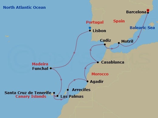 11 Night - Europe - Canary Island - Norwegian Star - Starting in Lisbon, Portugal, Funchal, Portugal, Las Palmas Gran Canaria, Spain, Santa Cruz de Tenerife, Arrecife, Spain, Agadir, Morocco, Casablanca, Morocco, Cadiz / Seville, Spain, Motril, Spain, Barcelona, Spain itinerary map
