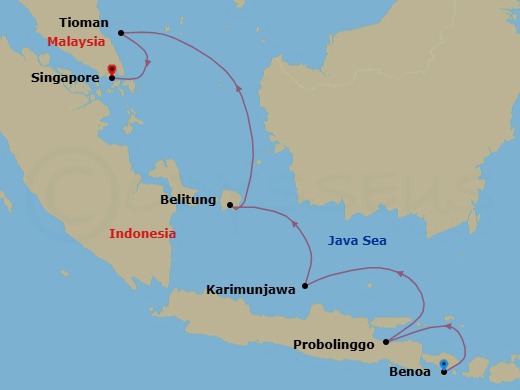 8 Night - The Sunda Passage : Indonesia, Malaysia & Singapore - Atlas Adventurer - Starting in Benoa (Bali), Probolinggo (Java), Java Sea Scenic Navigation, Karimunjawa, Belitung, Strait of Malacca Scenic Navigation, Tioman Island, Singapore itinerary map