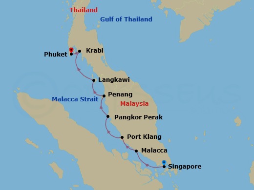 9 Night - Crossroads of Southeast Asia : Singapore, Malaysia & Thailand - Atlas Adventurer - Starting in Singapore, Malacca, Port Klang (Kuala Lumpur), Pangkor Island, George Town (Penang), Langkawi, Krabi, Phuket itinerary map