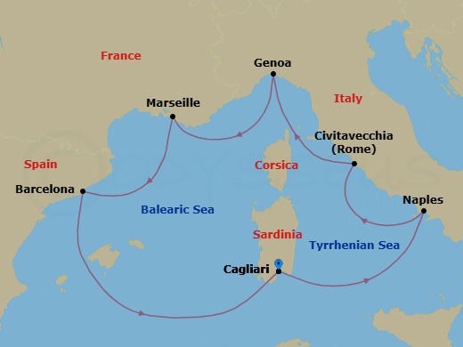 7 Night - Western Mediterranean Roundtrip from Cagliari - Costa Toscana - Starting in Cagliari, Italy, Naples, Italy, Civitavecchia / Rome, Genoa / Portofino, Marseille, France, Barcelona, Spain, El punto mas oscuro del mar de las, Balearic Islands, Cagliari, Italy itinerary map
