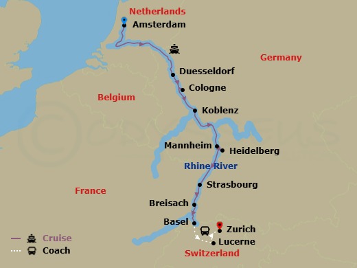 10 Night - Christmas Markets On the Rhine & Lucerne - Zurich - Emerald Star - Starting in Amsterdam, Dusseldorf / Cologne, Koblenz, Mannheim (Heidelberg), Strasbourg, Breisach, Basel / Lucerne, Lucerne, Lucerne / Zurich, Zurich itinerary map