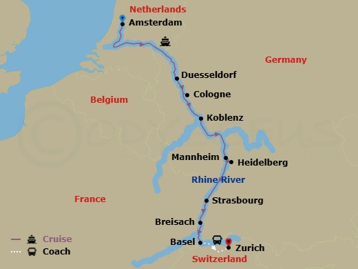 7 Night - Christmas Markets On the Rhine - Emerald Star - Starting in Amsterdam, Dusseldorf / Cologne, Koblenz, Mannheim (Heidelberg), Strasbourg, Breisach, Basel / Zurich itinerary map