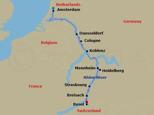 7 Night - Christmas Markets On the Rhine - Emerald Star - Starting in Amsterdam, Dusseldorf / Cologne, Koblenz, Mannheim (Heidelberg), Strasbourg, Breisach, Basel itinerary map