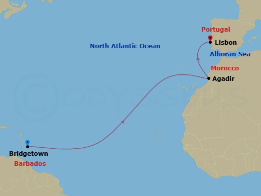 12 Night - Atlantic Crossing - Seabourn Ovation - Starting in Bridgetown, Barbados, Agadir, Morocco, Lisbon, Portugal itinerary map