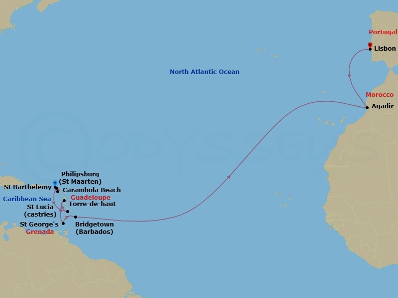19 Night - Caribbean Yacht Harbors & Atlantic Crossing - Seabourn Ovation - Starting in Philipsburg, Sint Maarten, Carambola Beach, Saint Kitts and Nevis, Gustavia, Saint Barthelemy, Castries, Saint Lucia, Terre-de-Haut, Iles des Saintes, Guadeloupe, Saint Georges, Grenada, Bridgetown, Barbados, Agadir, Morocco, Lisbon, Portugal itinerary map