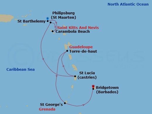 7 Night - St. Barts & Caribbean Yacht Harbors - Seabourn Ovation - Starting in Philipsburg, Sint Maarten, Carambola Beach, Saint Kitts and Nevis, Gustavia, Saint Barthelemy, Castries, Saint Lucia, Terre-de-Haut, Iles des Saintes, Guadeloupe, Saint Georges, Grenada, Bridgetown, Barbados itinerary map