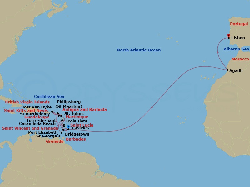 26 Night - Boutique Yacht Harbors & Atlantic Crossing - Seabourn Ovation - Starting in Bridgetown, Barbados, Port Elizabeth VC, Bequia, St Vincent and the Grenadines, Trois Ilets, Martinique, St Johns AG, Antigua, Carambola Beach, Saint Kitts and Nevis, Great Harbour, Jost van Dyke, British Virgin Islands, Philipsburg, Sint Maarten, Carambola Beach, Saint Kitts and Nevis, Gustavia, Saint Barthelemy, Castries, Saint Lucia, Terre-de-Haut, Iles des Saintes, Guadeloupe, Saint Georges, Grenada, Bridgetown, Barbados, Agadir, Morocco, Lisbon, Portugal itinerary map