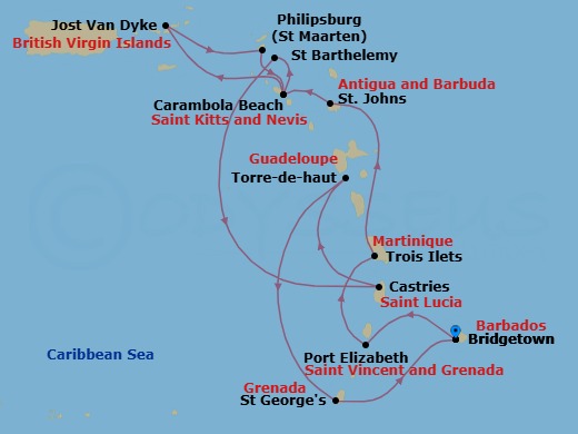 14 Night - Boutique Yacht Harbors of the Caribbean - Seabourn Ovation - Starting in Bridgetown, Barbados, Port Elizabeth VC, Bequia, St Vincent and the Grenadines, Trois Ilets, Martinique, St Johns AG, Antigua, Carambola Beach, Saint Kitts and Nevis, Great Harbour, Jost van Dyke, British Virgin Islands, Philipsburg, Sint Maarten, Carambola Beach, Saint Kitts and Nevis, Gustavia, Saint Barthelemy, Castries, Saint Lucia, Terre-de-Haut, Iles des Saintes, Guadeloupe, Saint Georges, Grenada, Bridgetown, Barbados itinerary map