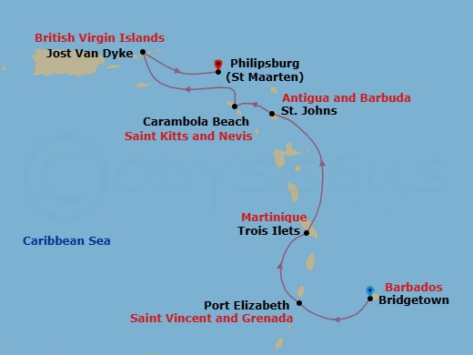 7 Night - Boutique Yacht Harbors of the Caribbean - Seabourn Ovation - Starting in Bridgetown, Barbados, Port Elizabeth VC, Bequia, St Vincent and the Grenadines, Trois Ilets, Martinique, St Johns AG, Antigua, Carambola Beach, Saint Kitts and Nevis, Great Harbour, Jost van Dyke, British Virgin Islands, Philipsburg, Sint Maarten itinerary map