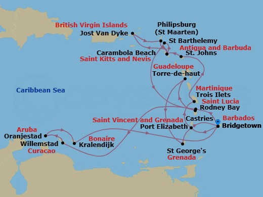 21 Night - Ultimate Caribbean Yacht Harbors - Seabourn Ovation - Starting in Bridgetown, Barbados, Rodney Bay, Saint Lucia, Willemstad AN, Curacao, Oranjestad, Aruba, Kralendijk, Bonaire, Bridgetown, Barbados, Port Elizabeth VC, Bequia, St Vincent and the Grenadines, Trois Ilets, Martinique, St Johns AG, Antigua, Carambola Beach, Saint Kitts and Nevis, Great Harbour, Jost van Dyke, British Virgin Islands, Philipsburg, Sint Maarten, Carambola Beach, Saint Kitts and Nevis, Gustavia, Saint Barthelemy, Castries, Saint Lucia, Terre-de-Haut, Iles des Saintes, Guadeloupe, Saint Georges, Grenada, Bridgetown, Barbados itinerary map