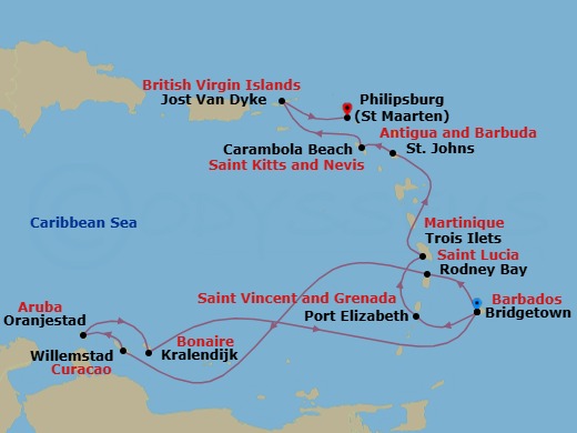 14 Night - Southern Caribbean Isles & Boutique Yacht Harbors - Seabourn Ovation - Starting in Bridgetown, Barbados, Rodney Bay, Saint Lucia, Willemstad AN, Curacao, Oranjestad, Aruba, Kralendijk, Bonaire, Bridgetown, Barbados, Port Elizabeth VC, Bequia, St Vincent and the Grenadines, Trois Ilets, Martinique, St Johns AG, Antigua, Carambola Beach, Saint Kitts and Nevis, Great Harbour, Jost van Dyke, British Virgin Islands, Philipsburg, Sint Maarten itinerary map