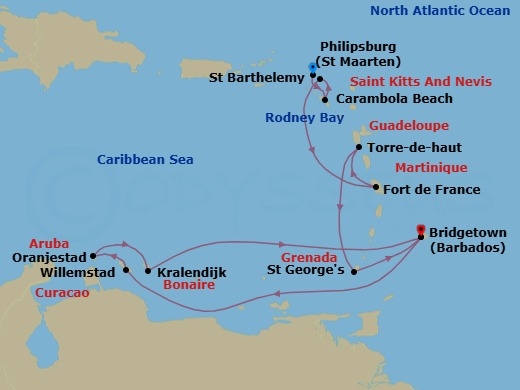 14 Night - Southern Caribbean Isles & Boutique Yacht Harbors - Seabourn Ovation - Starting in Philipsburg, Sint Maarten, Carambola Beach, Saint Kitts and Nevis, Gustavia, Saint Barthelemy, Fort-De-France, Martinique, Terre-de-Haut, Iles des Saintes, Guadeloupe, Saint Georges, Grenada, Bridgetown, Barbados, Rodney Bay, Saint Lucia, Willemstad AN, Curacao, Oranjestad, Aruba, Kralendijk, Bonaire, Bridgetown, Barbados itinerary map