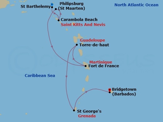 7 Night - St. Barts & Caribbean Yacht Harbors - Seabourn Ovation - Starting in Philipsburg, Sint Maarten, Carambola Beach, Saint Kitts and Nevis, Gustavia, Saint Barthelemy, Fort-De-France, Martinique, Terre-de-Haut, Iles des Saintes, Guadeloupe, Saint Georges, Grenada, Bridgetown, Barbados itinerary map