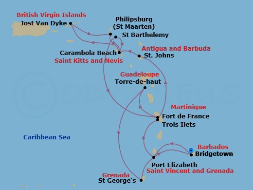 14 Night - Boutique Yacht Harbors of the Caribbean - Seabourn Ovation - Starting in Bridgetown, Barbados, Port Elizabeth VC, Bequia, St Vincent and the Grenadines, Trois Ilets, Martinique, St Johns AG, Antigua, Carambola Beach, Saint Kitts and Nevis, Great Harbour, Jost van Dyke, British Virgin Islands, Philipsburg, Sint Maarten, Carambola Beach, Saint Kitts and Nevis, Gustavia, Saint Barthelemy, Fort-De-France, Martinique, Terre-de-Haut, Iles des Saintes, Guadeloupe, Saint Georges, Grenada, Bridgetown, Barbados itinerary map