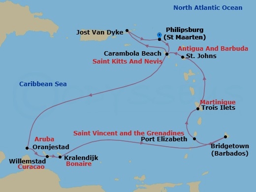 14 Night - Boutique Yacht Harbors & Southern Caribbean Isles - Seabourn Ovation - Starting in Philipsburg, Sint Maarten, Carambola Beach, Saint Kitts and Nevis, Oranjestad, Aruba, Willemstad AN, Curacao, Kralendijk, Bonaire, Bridgetown, Barbados, Port Elizabeth VC, Bequia, St Vincent and the Grenadines, Trois Ilets, Martinique, St Johns AG, Antigua, Carambola Beach, Saint Kitts and Nevis, Great Harbour, Jost van Dyke, British Virgin Islands, Philipsburg, Sint Maarten itinerary map
