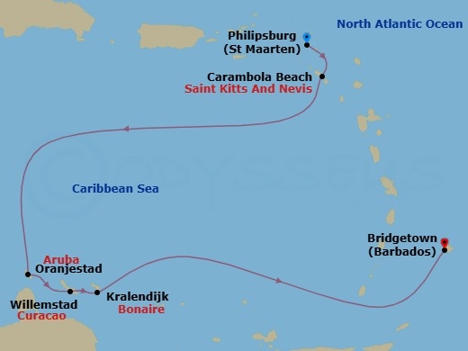 7 Night - Exploring Aruba, Bonaire & Curacao - Seabourn Ovation - Starting in Philipsburg, Sint Maarten, Carambola Beach, Saint Kitts and Nevis, Oranjestad, Aruba, Willemstad AN, Curacao, Kralendijk, Bonaire, Bridgetown, Barbados itinerary map