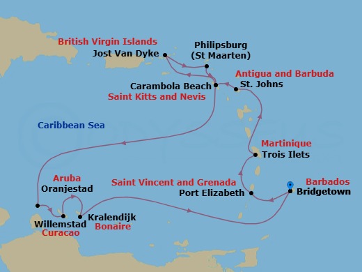 14 Night - Boutique Yacht Harbors & Southern Caribbean Isles - Seabourn Ovation - Starting in Bridgetown, Barbados, Port Elizabeth VC, Bequia, St Vincent and the Grenadines, Trois Ilets, Martinique, St Johns AG, Antigua, Carambola Beach, Saint Kitts and Nevis, Great Harbour, Jost van Dyke, British Virgin Islands, Philipsburg, Sint Maarten, Carambola Beach, Saint Kitts and Nevis, Oranjestad, Aruba, Willemstad AN, Curacao, Kralendijk, Bonaire, Bridgetown, Barbados itinerary map