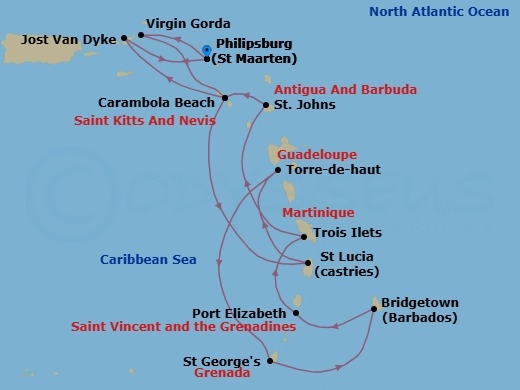 14 Night - Exploring Boutique Yacht Harbors On Holiday - Seabourn Ovation - Starting in Philipsburg, Sint Maarten, Spanish Town, Virgin Gorda, British Virgin Islands, Carambola Beach, Saint Kitts and Nevis, Castries, Saint Lucia, Terre-de-Haut, Iles des Saintes, Guadeloupe, Saint Georges, Grenada, Bridgetown, Barbados, Port Elizabeth VC, Bequia, St Vincent and the Grenadines, Trois Ilets, Martinique, St Johns AG, Antigua, Carambola Beach, Saint Kitts and Nevis, Great Harbour, Jost van Dyke, British Virgin Islands, Philipsburg, Sint Maarten itinerary map