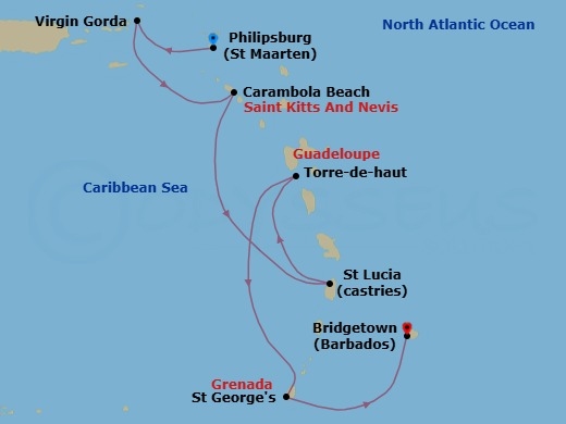 7 Night - Caribbean Yacht Harbors Holiday - Seabourn Ovation - Starting in Philipsburg, Sint Maarten, Spanish Town, Virgin Gorda, British Virgin Islands, Carambola Beach, Saint Kitts and Nevis, Castries, Saint Lucia, Terre-de-Haut, Iles des Saintes, Guadeloupe, Saint Georges, Grenada, Bridgetown, Barbados itinerary map