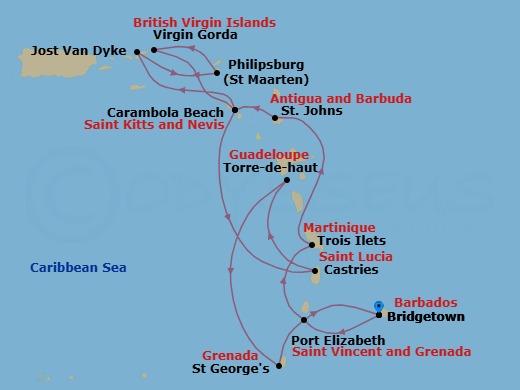 14 Night - Exploring Boutique Yacht Harbors On Holiday - Seabourn Ovation - Starting in Bridgetown, Barbados, Port Elizabeth VC, Bequia, St Vincent and the Grenadines, Trois Ilets, Martinique, St Johns AG, Antigua, Carambola Beach, Saint Kitts and Nevis, Great Harbour, Jost van Dyke, British Virgin Islands, Philipsburg, Sint Maarten, Spanish Town, Virgin Gorda, British Virgin Islands, Carambola Beach, Saint Kitts and Nevis, Castries, Saint Lucia, Terre-de-Haut, Iles des Saintes, Guadeloupe, Saint Georges, Grenada, Bridgetown, Barbados itinerary map