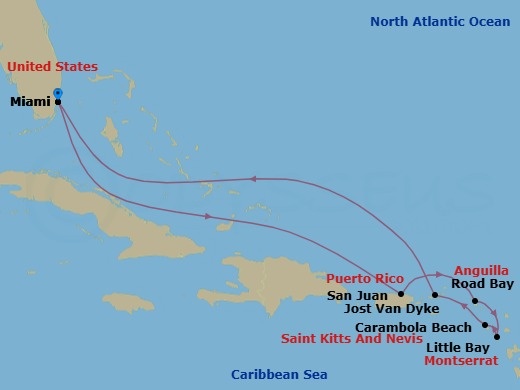 10 Night - Southern Caribbean Holiday - Seabourn Quest - Starting in Miami, Florida, San Juan, Puerto Rico, Road Bay, Anguilla, Little Bay, Montserrat, Carambola Beach, Saint Kitts and Nevis, Great Harbour, Jost van Dyke, British Virgin Islands, Miami, Florida itinerary map
