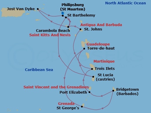 14 Night - St. Barts & Boutique Yacht Harbors Holiday - Seabourn Ovation - Starting in Philipsburg, Sint Maarten, Carambola Beach, Saint Kitts and Nevis, Gustavia, Saint Barthelemy, Castries, Saint Lucia, Terre-de-Haut, Iles des Saintes, Guadeloupe, Saint Georges, Grenada, Bridgetown, Barbados, Port Elizabeth VC, Bequia, St Vincent and the Grenadines, Trois Ilets, Martinique, St Johns AG, Antigua, Carambola Beach, Saint Kitts and Nevis, Great Harbour, Jost van Dyke, British Virgin Islands, Philipsburg, Sint Maarten itinerary map