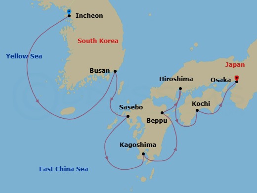10 Night - Incheon to Osaka - Silver Whisper - Starting in Incheon (Seoul), Busan, Sasebo (Uragashira), Kagoshima (Kyushu Island), Beppu (Kyushu Island), Hiroshima, Kochi, Osaka itinerary map