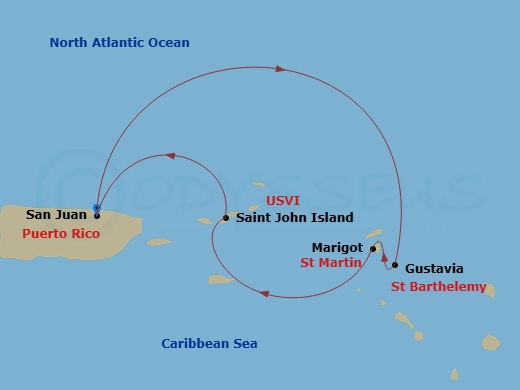 4 Night - San Juan / San Juan - Ilma - Starting in San Juan, Gustavia, Marigot, St John VI, San Juan itinerary map
