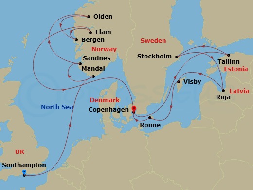 16 Night - An Extended Journey from Fjordlands to Storied Cities - EXPLORA III - Starting in Southampton, Mandal, Sandnes, Olden, Bergen, Flam, Norway, Copenhagen, Tallinn, Stockholm, Riga, Visby (Gotland), Ronne, Copenhagen itinerary map