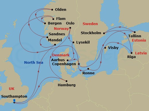 23 Night - An Extended Journey from Northern Spirit to Cultural Riches & Artistic Marvels - EXPLORA III - Starting in Southampton, Mandal, Sandnes, Olden, Bergen, Flam, Norway, Copenhagen, Tallinn, Stockholm, Riga, Visby (Gotland), Ronne, Copenhagen, Aarhus, Lysekil (Gotland), Oslo, Hamburg, Southampton itinerary map