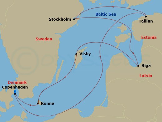 8 Night - A Journey Through Cultural Riches & Stunning Scenery - EXPLORA III - Starting in Copenhagen, Tallinn, Stockholm, Riga, Visby (Gotland), Ronne, Copenhagen itinerary map