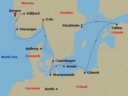 14 Night - Viking Homelands - Viking Veda - Starting in Stockholm, Tallinn, Sail the Baltic Sea, Gdansk, Bornholm (Ronne), Berlin (Warnemunde), Copenhagen, Alborg, Oslo, Stavanger, Eidfjord, Bergen itinerary map