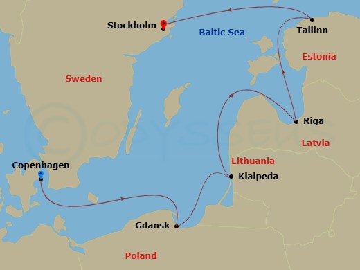 7 Night - Baltic Discovery - Viking Veda - Starting in Copenhagen, Gdansk, Klaipeda, Riga, Tallinn, Stockholm itinerary map