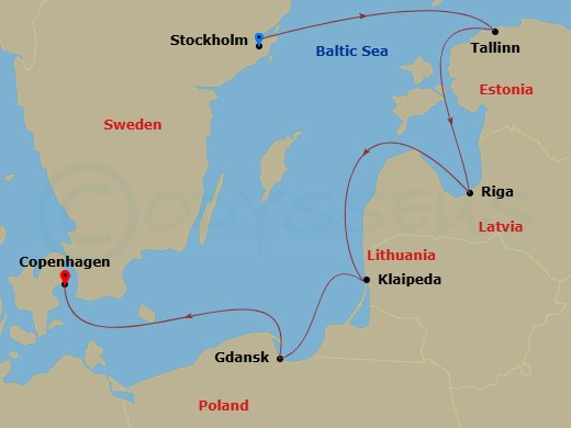 7 Night - Baltic Discovery - Viking Veda - Starting in Stockholm, Tallinn, Riga, Klaipeda, Gdansk, Copenhagen itinerary map