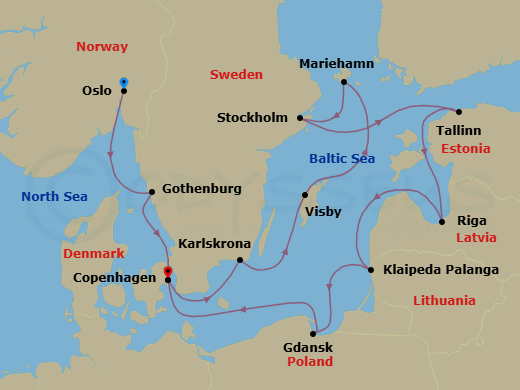 14 Night - Scandinavia & Baltic Capitals - Viking Veda - Starting in Oslo, Gothenburg, Copenhagen, Karlskrona, Gotland (Visby), Mariehamn, Stockholm, Tallinn, Riga, Klaipeda, Gdansk, Copenhagen itinerary map
