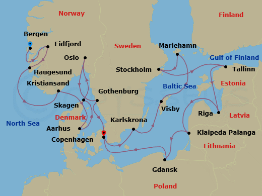 21 Night - Icons of the Viking Age - Viking Veda - Starting in Bergen, Eidfjord, Haugesund, Kristiansand, Aarhus, Skagen, Oslo, Gothenburg, Copenhagen, Karlskrona, Gotland (Visby), Mariehamn, Stockholm, Tallinn, Riga, Klaipeda, Gdansk, Copenhagen itinerary map