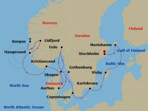 14 Night - Scenic Scandinavia & Baltic Jewels - Viking Veda - Starting in Bergen, Eidfjord, Haugesund, Kristiansand, Aarhus, Skagen, Oslo, Gothenburg, Copenhagen, Karlskrona, Gotland (Visby), Mariehamn, Stockholm itinerary map