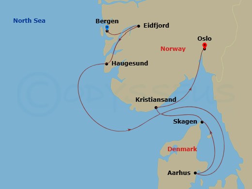 7 Night - Nordic Wonders - Viking Veda - Starting in Bergen, Eidfjord, Haugesund, Kristiansand, Aarhus, Skagen, Oslo itinerary map