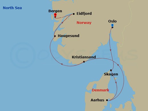 7 Night - Nordic Wonders - Viking Veda - Starting in Oslo, Skagen, Aarhus, Kristiansand, Haugesund, Eidfjord, Bergen itinerary map