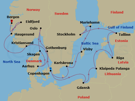 21 Night - Icons of the Viking Age - Viking Veda - Starting in Copenhagen, Gdansk, Klaipeda, Riga, Tallinn, Stockholm, Mariehamn, Gotland (Visby), Karlskrona, Copenhagen, Gothenburg, Oslo, Skagen, Aarhus, Kristiansand, Haugesund, Eidfjord, Bergen itinerary map