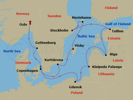 14 Night - Scandinavia & Baltic Capitals - Viking Veda - Starting in Copenhagen, Gdansk, Klaipeda, Riga, Tallinn, Stockholm, Mariehamn, Gotland (Visby), Karlskrona, Copenhagen, Gothenburg, Oslo itinerary map