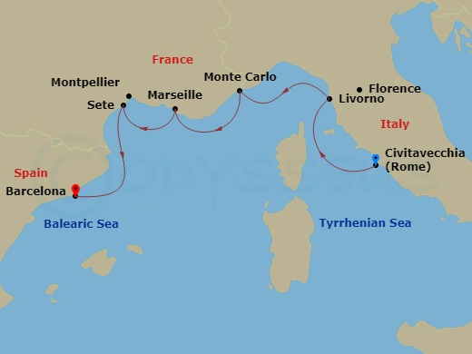 7 Night - Iconic Western Mediterranean - Viking Veda - Starting in Rome (Civitavecchia), Florence / Pisa (Livorno), Monte Carlo, Marseille, Sete, Barcelona itinerary map